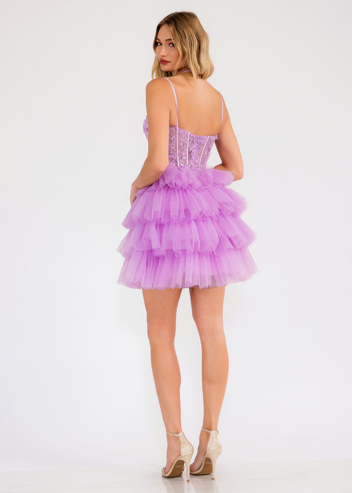 Leaf lace corset with ruffle tulle skirt dress