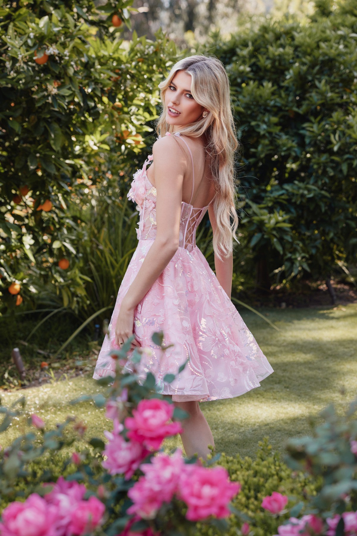 Embroidered lace with corset bodice cocktail dress