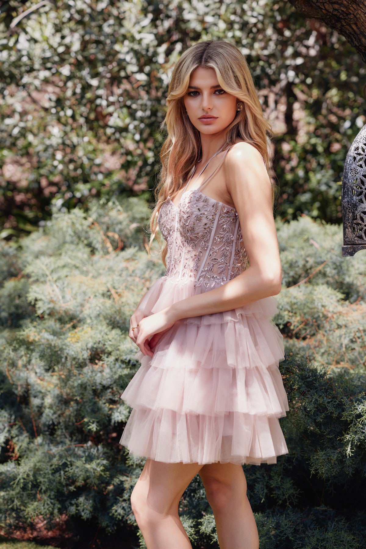 Leaf lace corset with ruffle tulle skirt dress