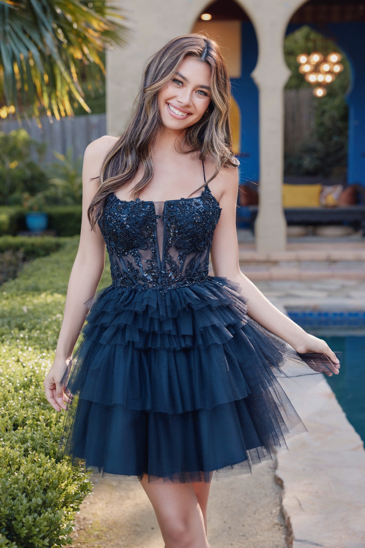 Sheer bead embellishments corset top with ruffle skirt