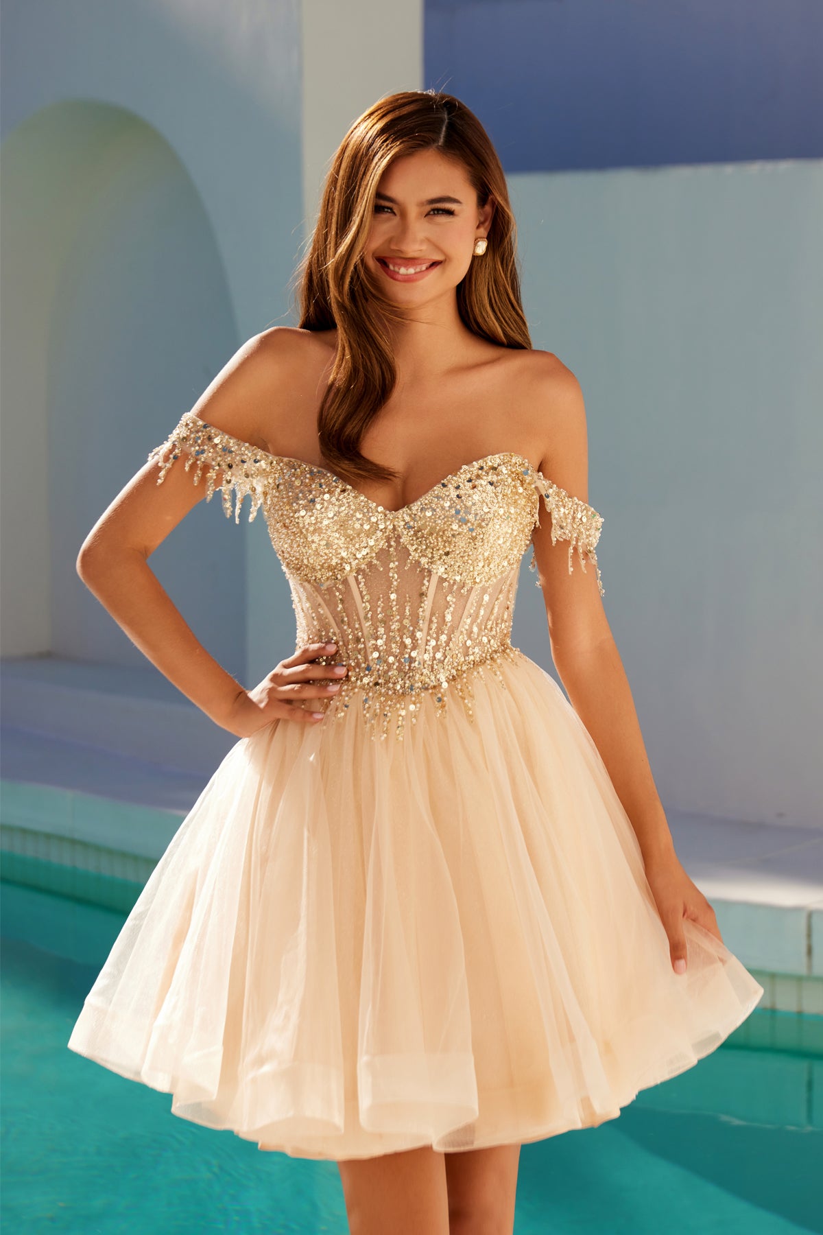 Sequin off-shoulder mini with flared tulle skirt