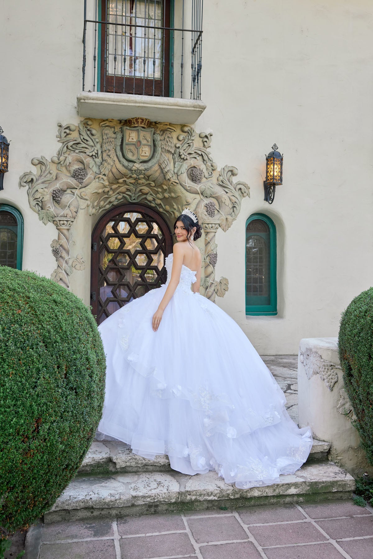 Strapless Floral Applique Ball Gown With Sparkle