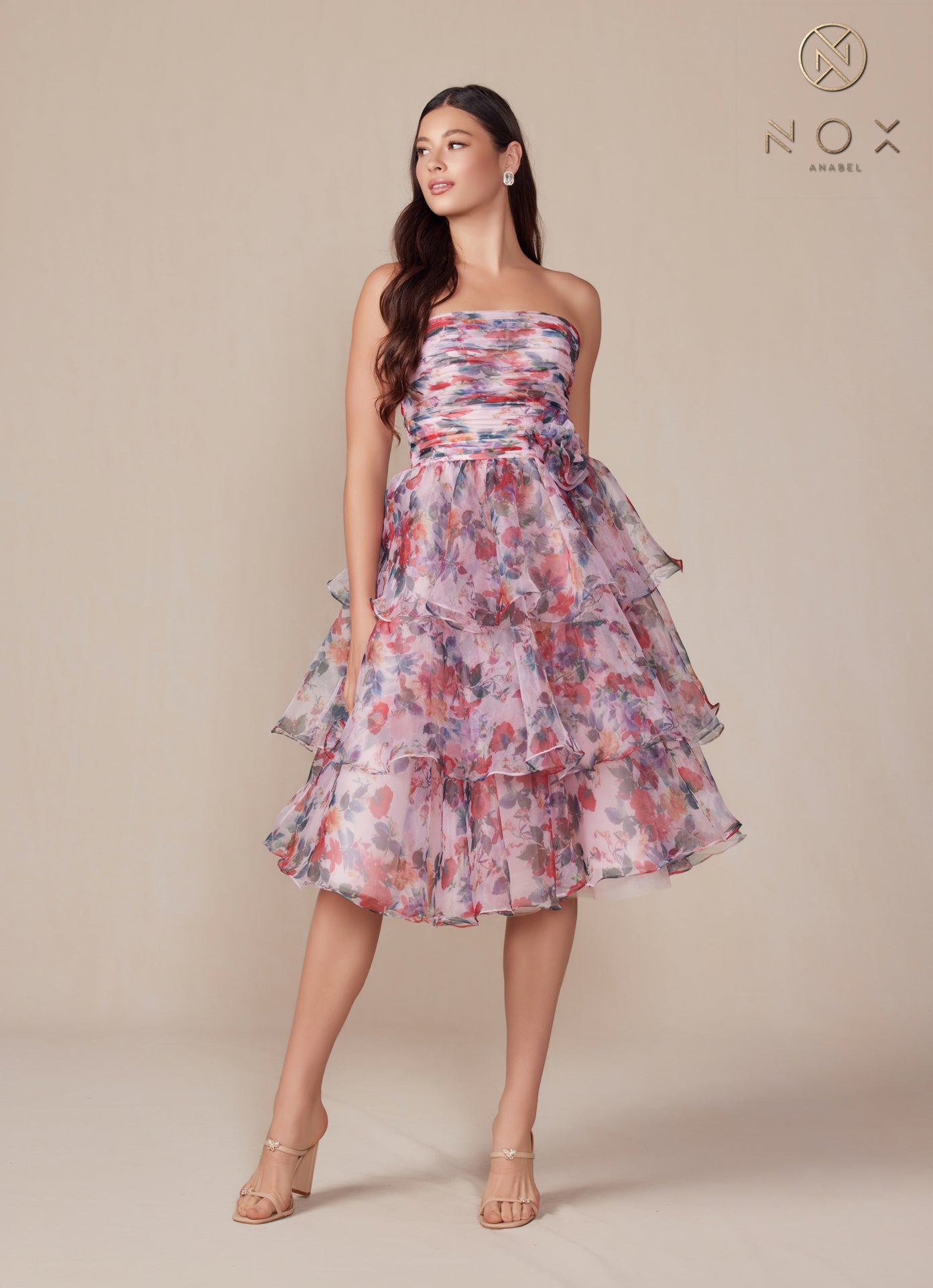 Strapless Tiered Floral Print Cocktail Dress