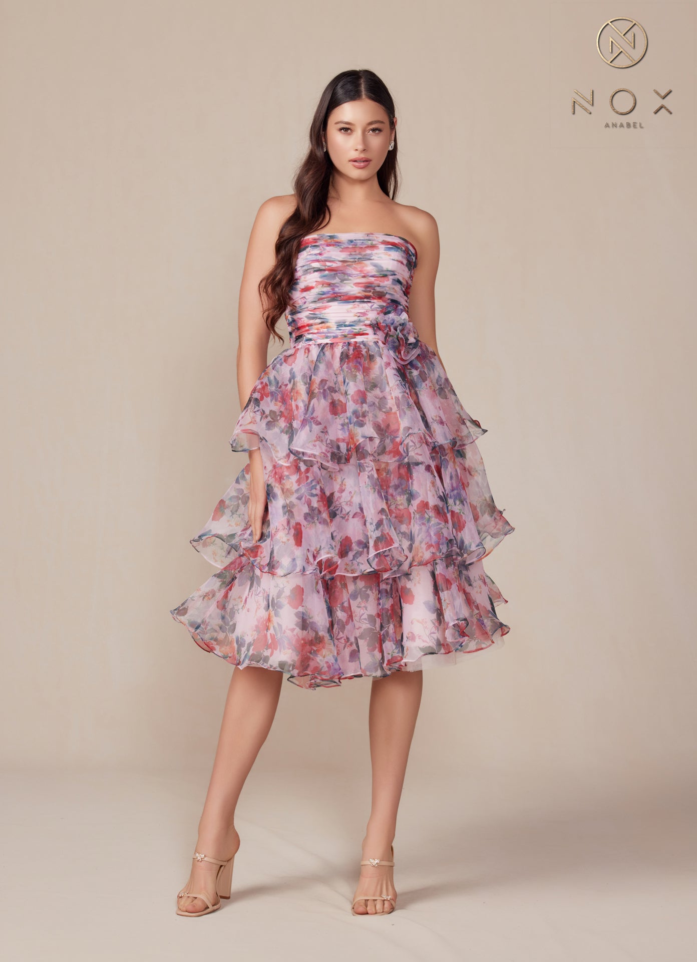 Strapless Tiered Floral Print Cocktail Dress