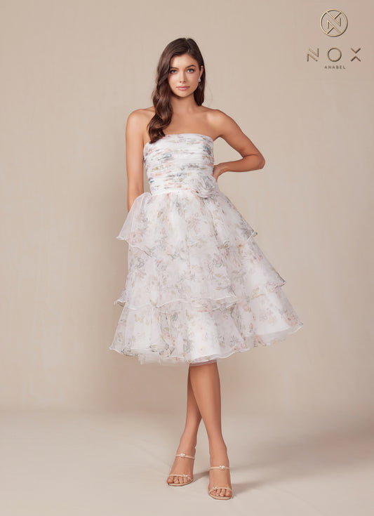 Strapless Tiered Floral Print Cocktail Dress