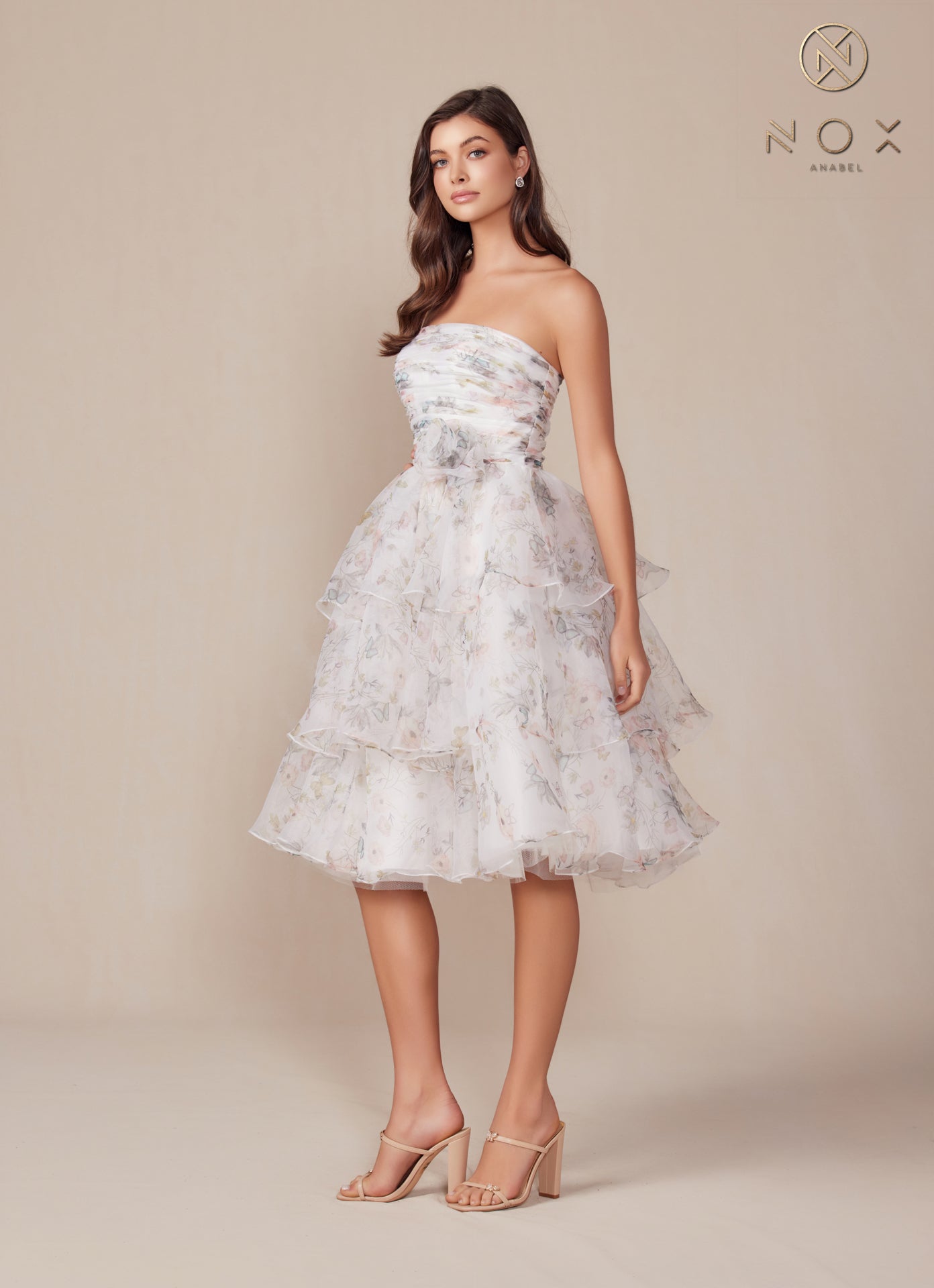 Strapless Tiered Floral Print Cocktail Dress