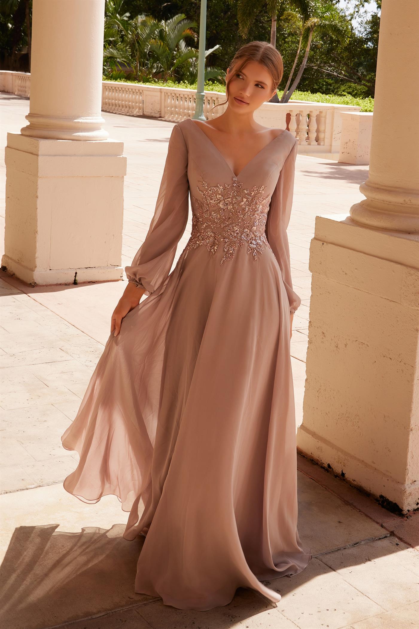 V-Neck Long Sleeve Chiffon Mother of the Bride Dress