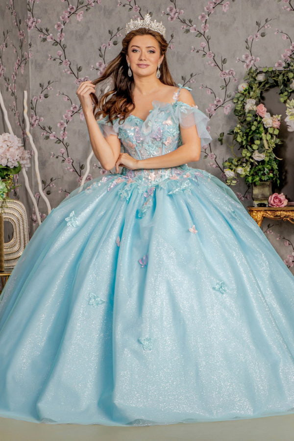 3-D Butterfly Jewel Glitter Ruffled Sweetheart Mesh Ball Gown Dress At coco 3-D Butterfly Jewel Glitter Ruffled Sweetheart Mesh Ball Gown Dress At coco