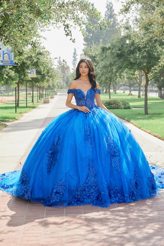 Embroidered Ball Gown With Glitter Tulle Train