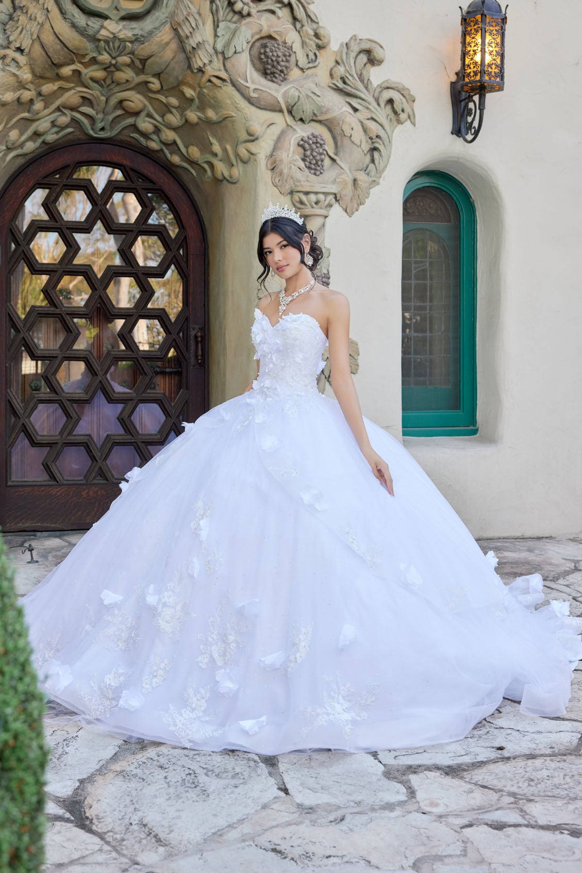 Strapless Floral Applique Ball Gown With Sparkle
