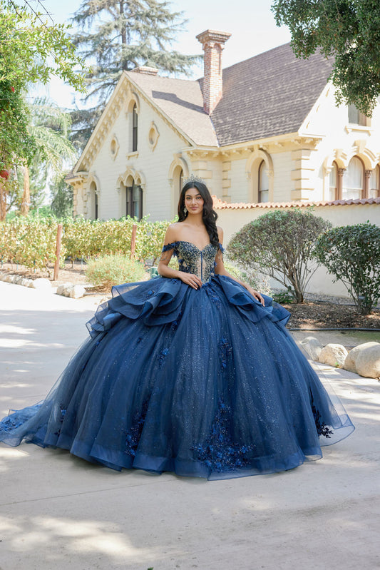 Layered Off-Shoulder Ball Gown With Floral Appliqué