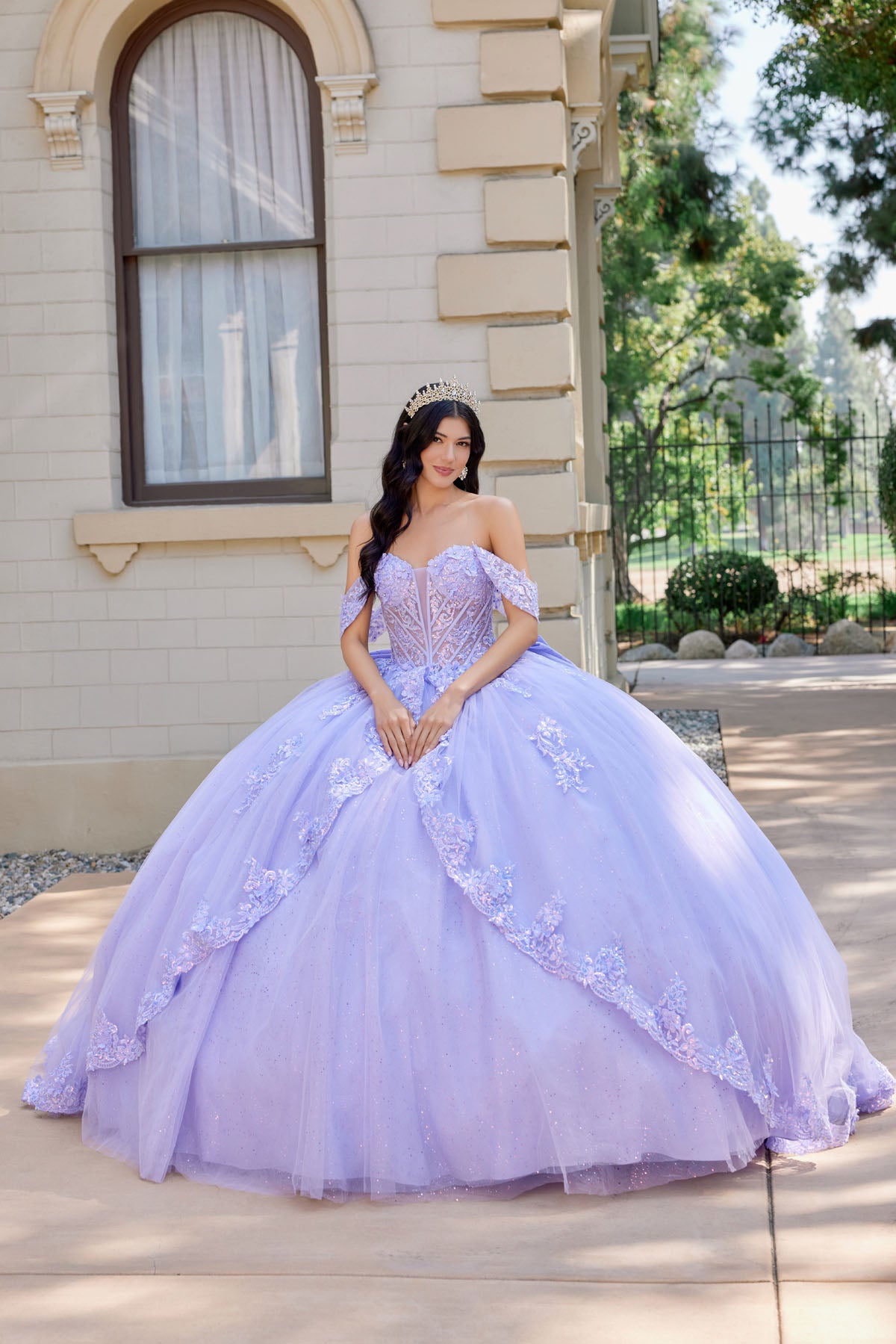 Layered Floral Lace Ball Gown With Train