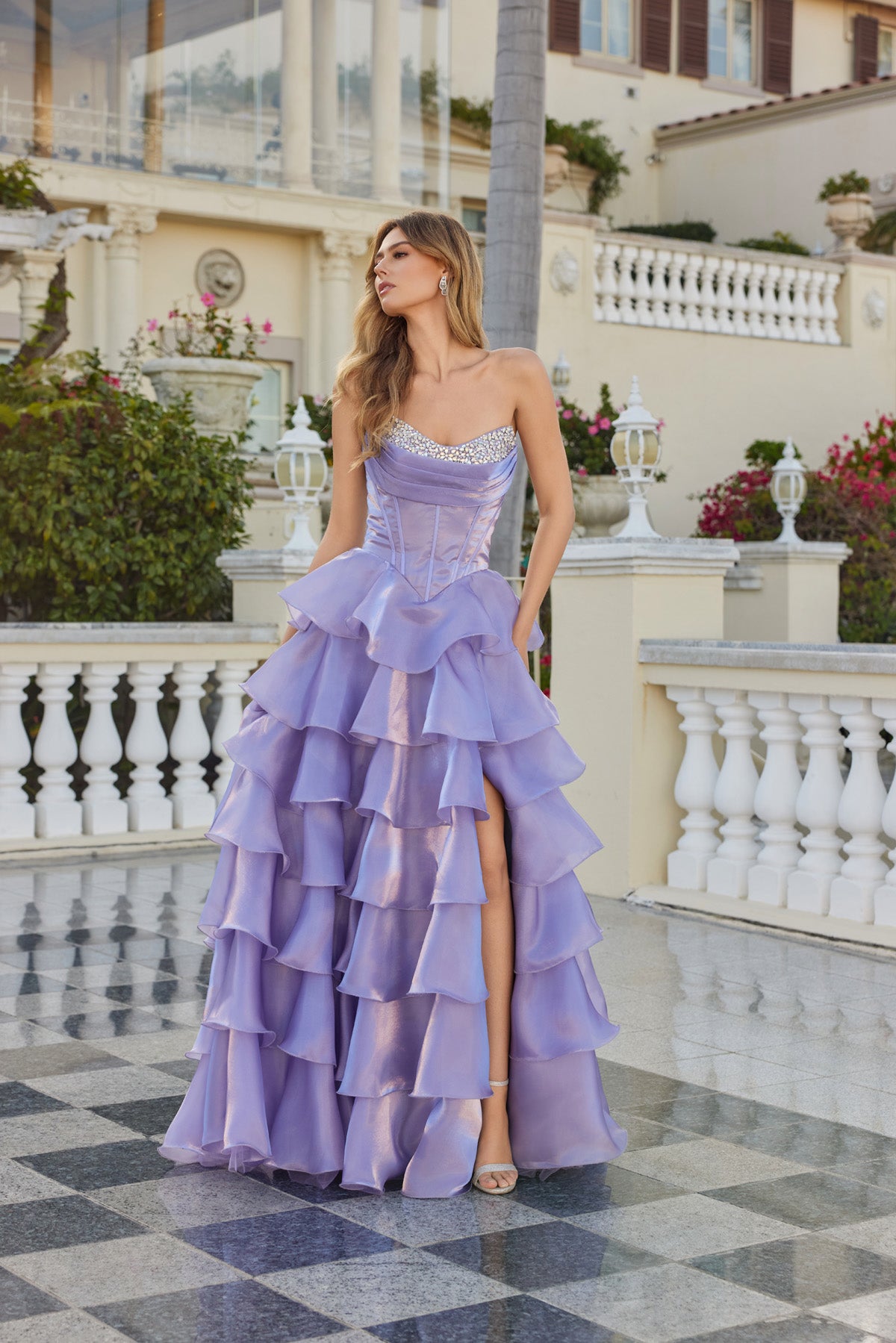 Moonlight Organza strapless layered gown