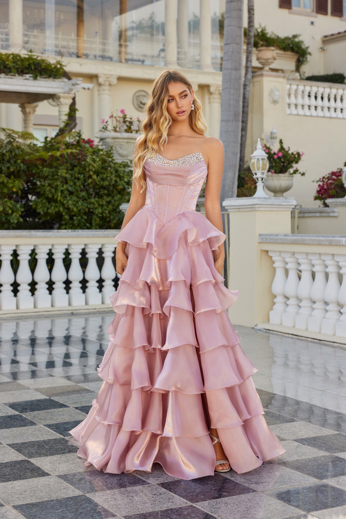 Moonlight Organza strapless layered gown