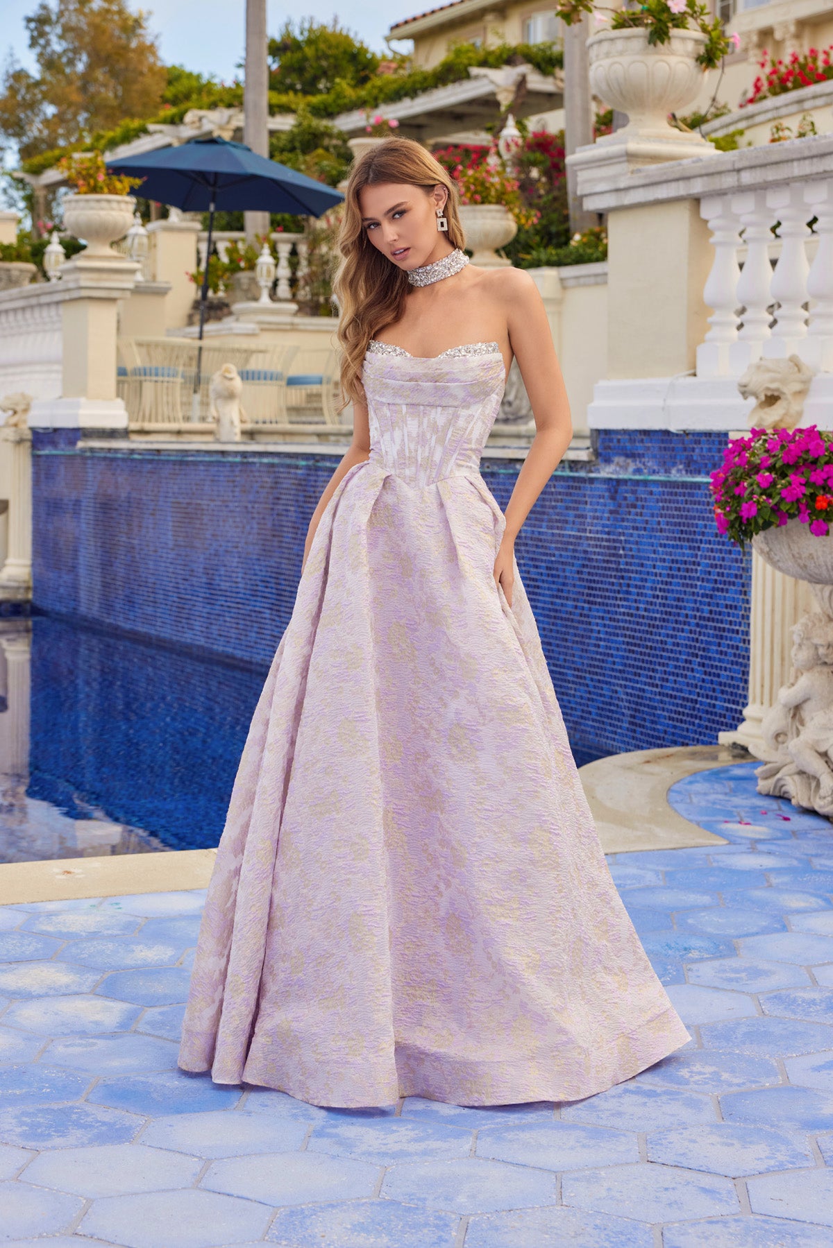 Jacquard Strapless ball gown with structured corset bodice and choker