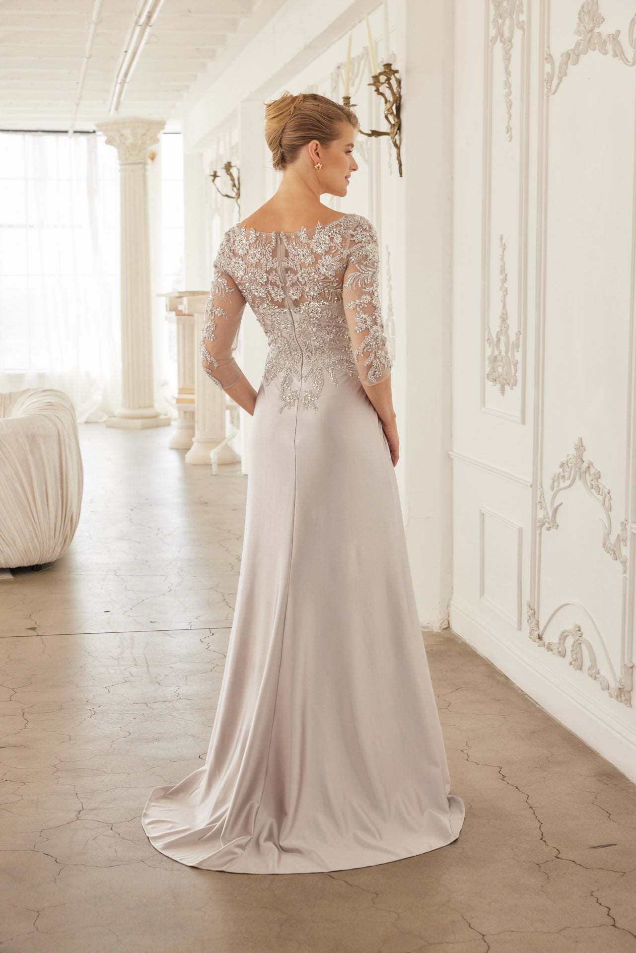 Floral Applique 3/4 Sleeve Dress with Ruffle Slit