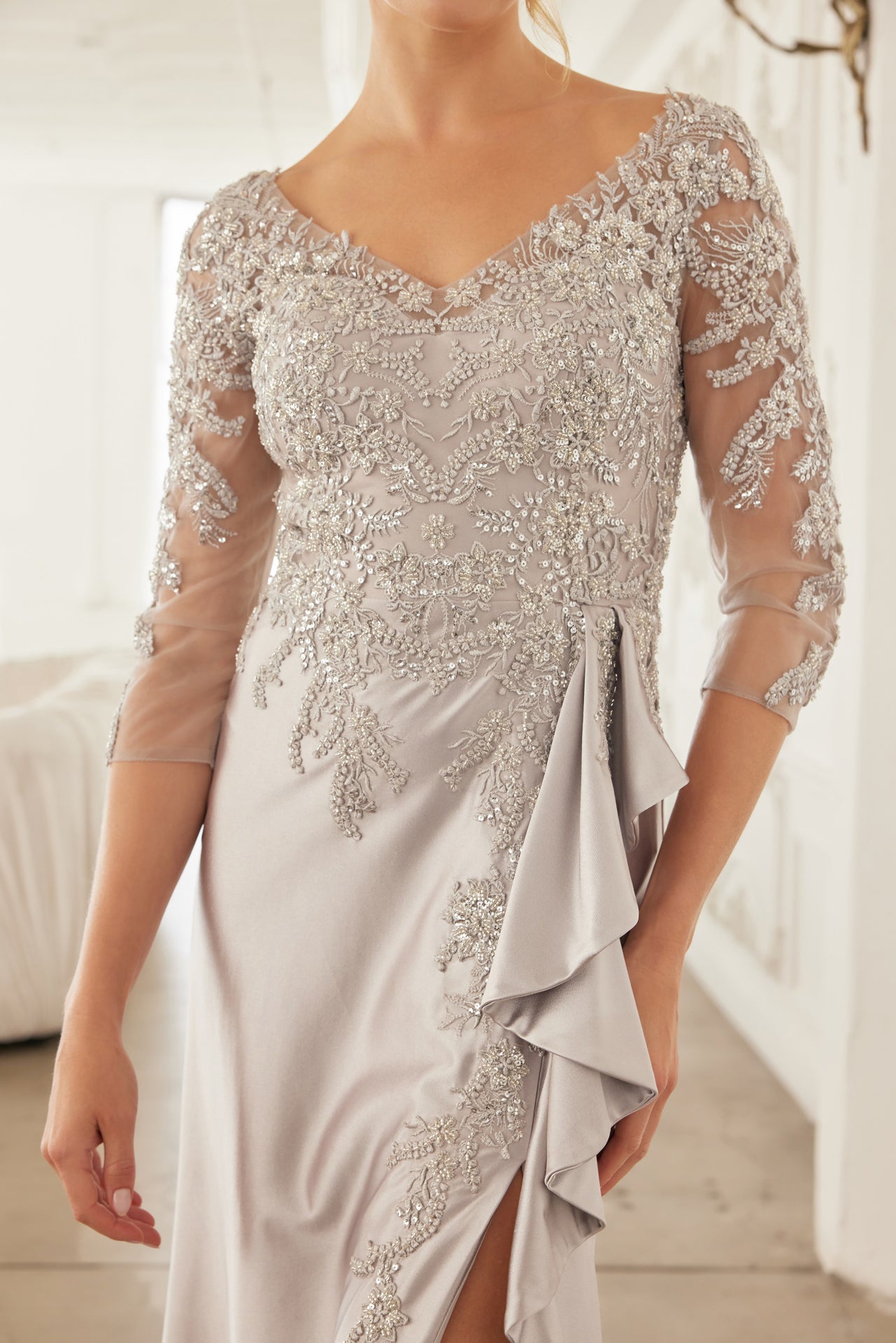 Floral Applique 3/4 Sleeve Dress with Ruffle Slit