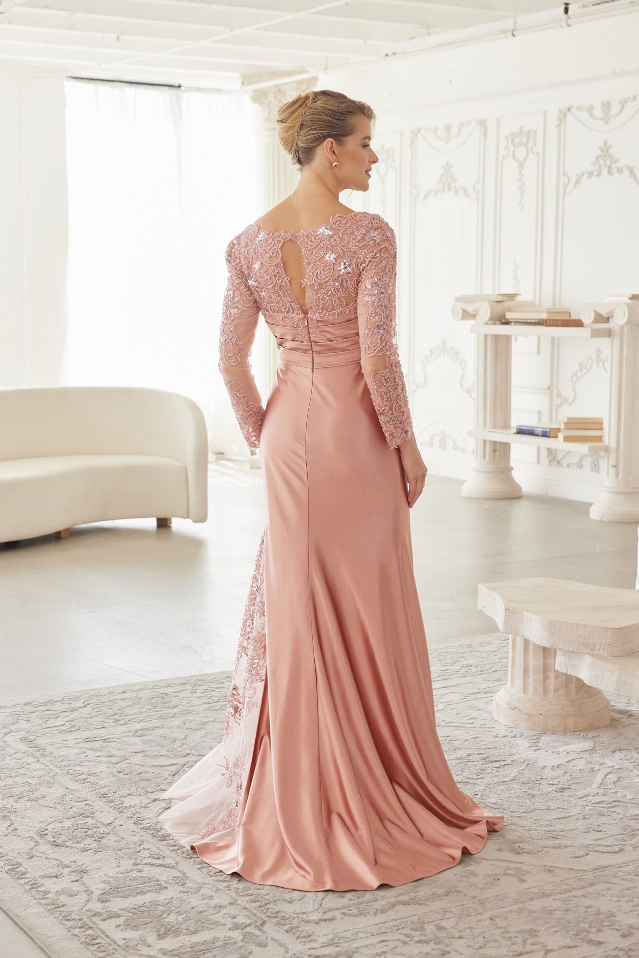 Long Sleeve Satin Pleated Top Gown