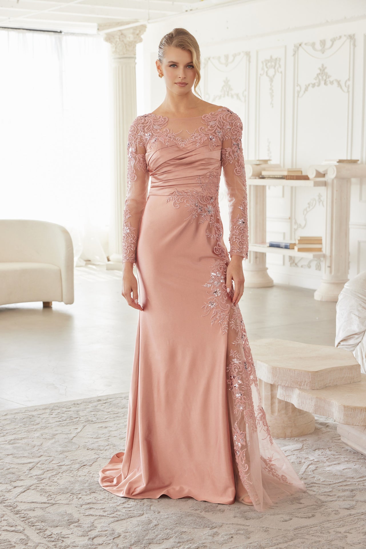 Long Sleeve Satin Pleated Top Gown