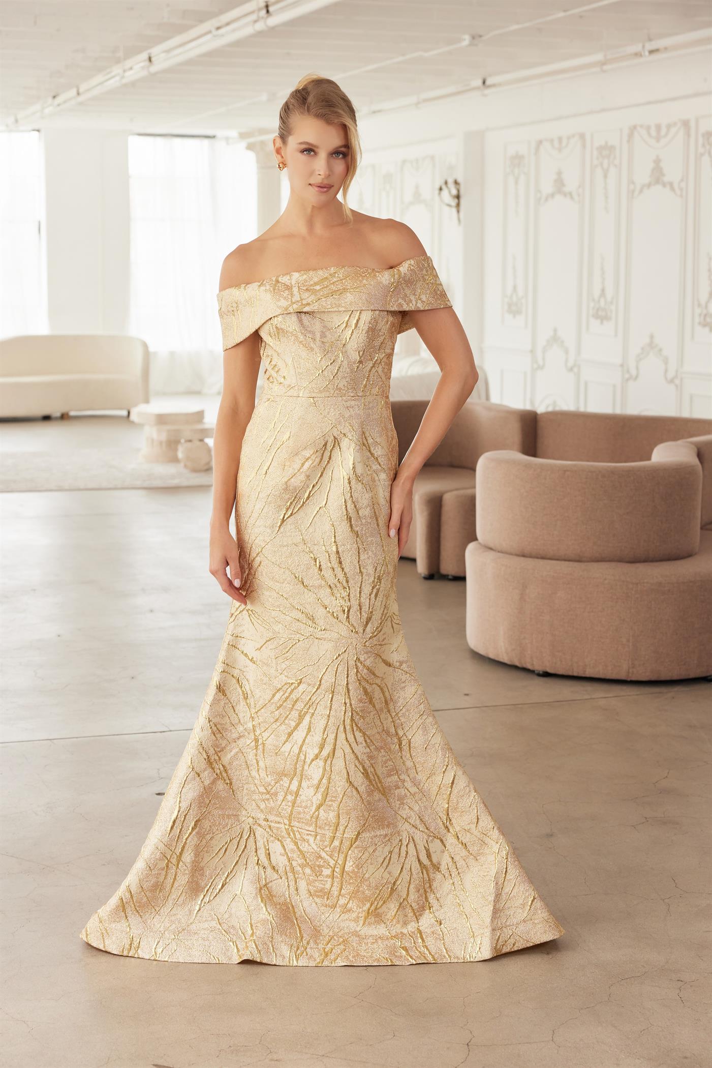 TRUMPET GOWN STRAIGHT ACROSS OFF THE SHOULDER FOLDED NECKLINE