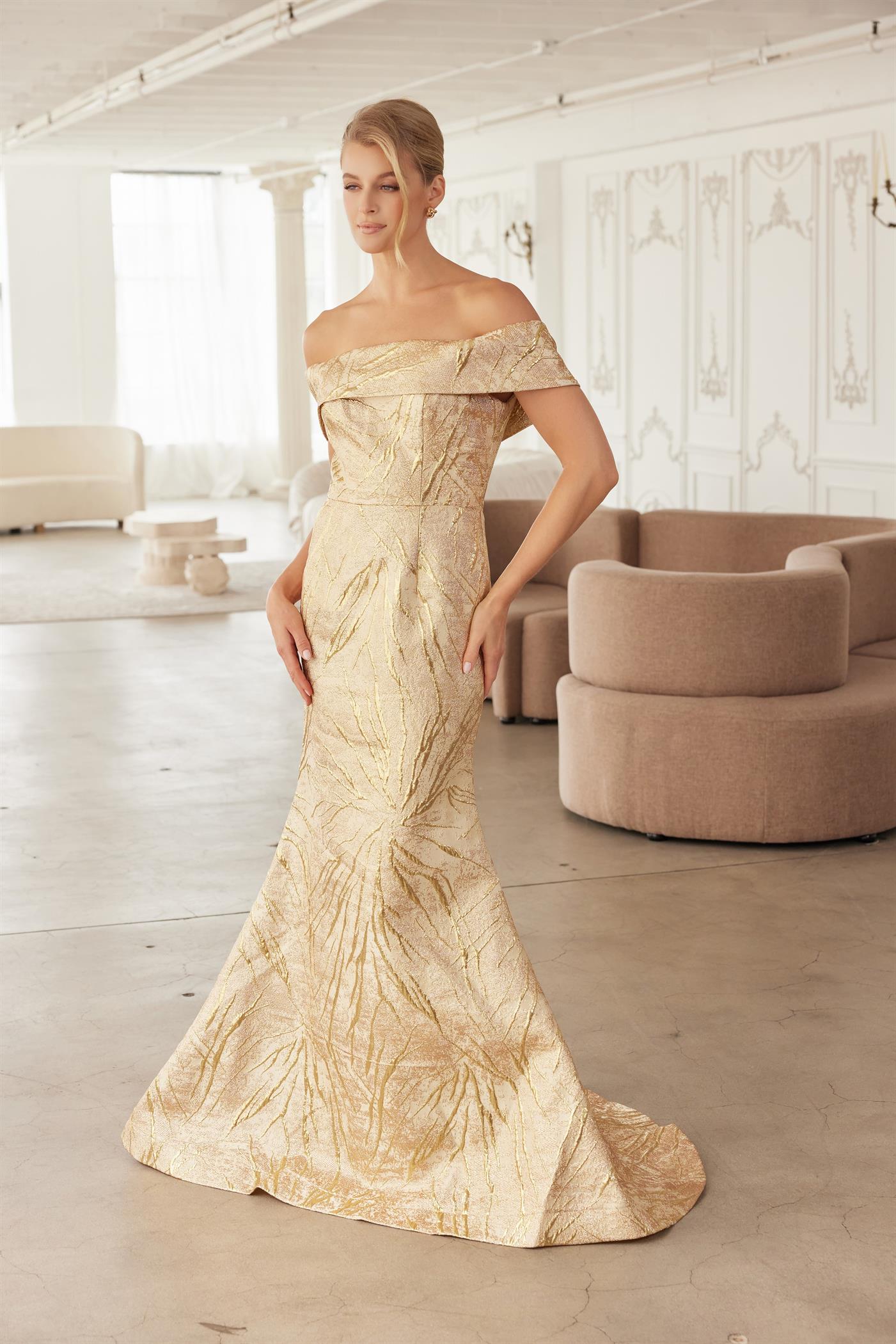 TRUMPET GOWN STRAIGHT ACROSS OFF THE SHOULDER FOLDED NECKLINE