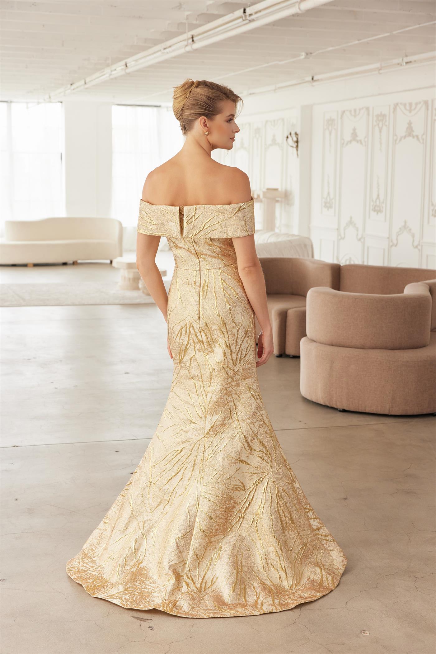TRUMPET GOWN STRAIGHT ACROSS OFF THE SHOULDER FOLDED NECKLINE