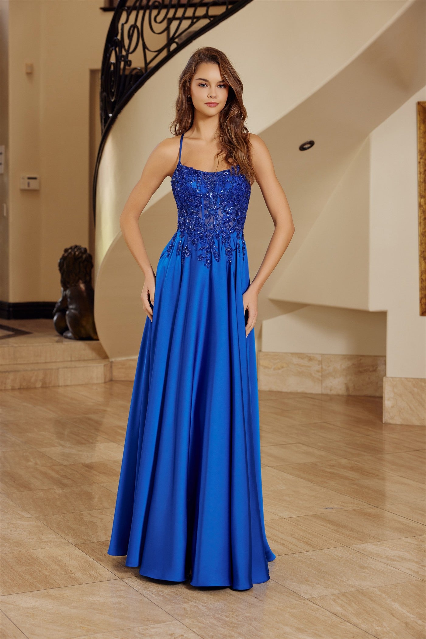 A-Line Stretch Satin Lace-Up Back Sequined Woven Applique