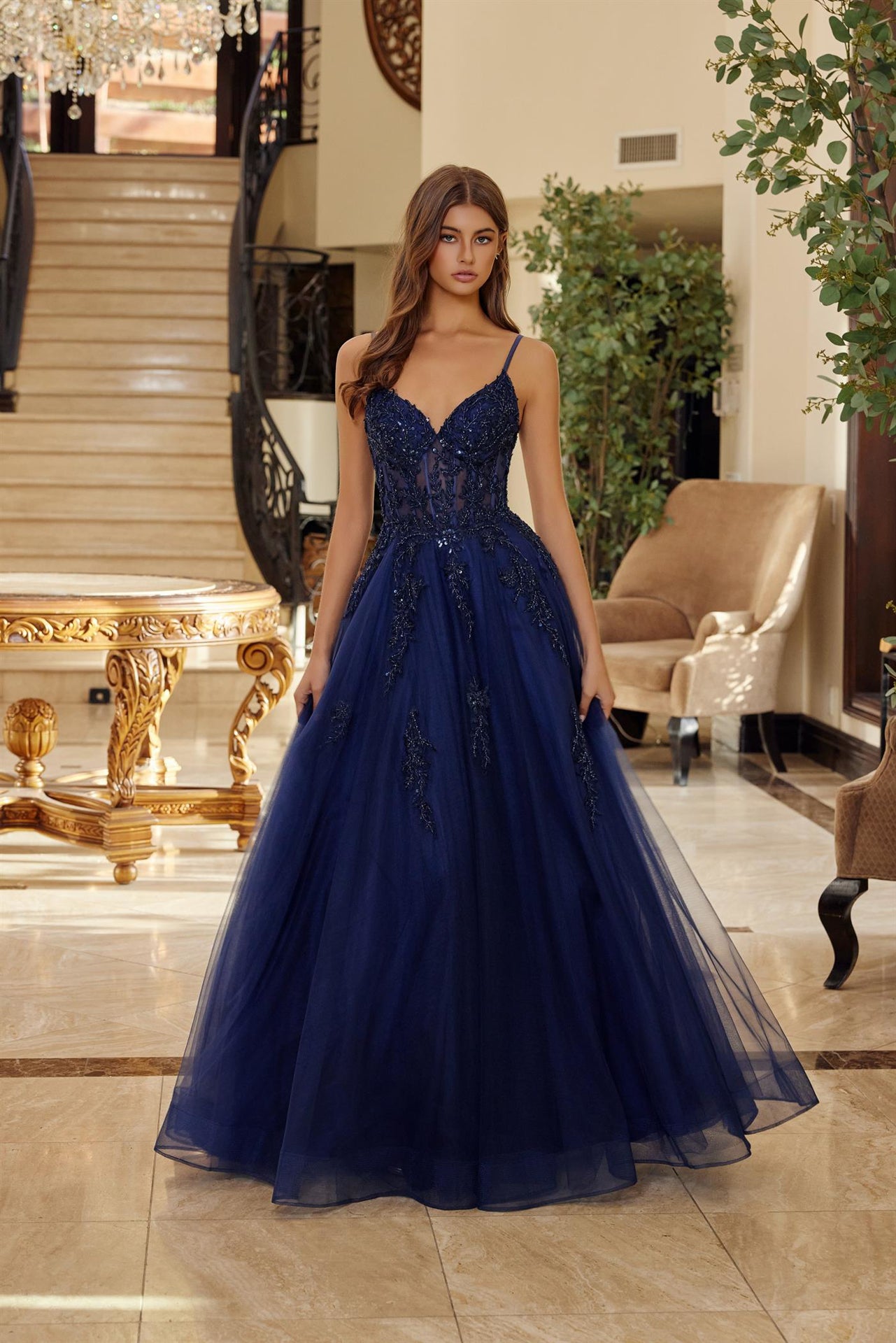 FIT AND FLARE LONG TULLE GOWN WITH A V NECKLINE THIN STRAPS