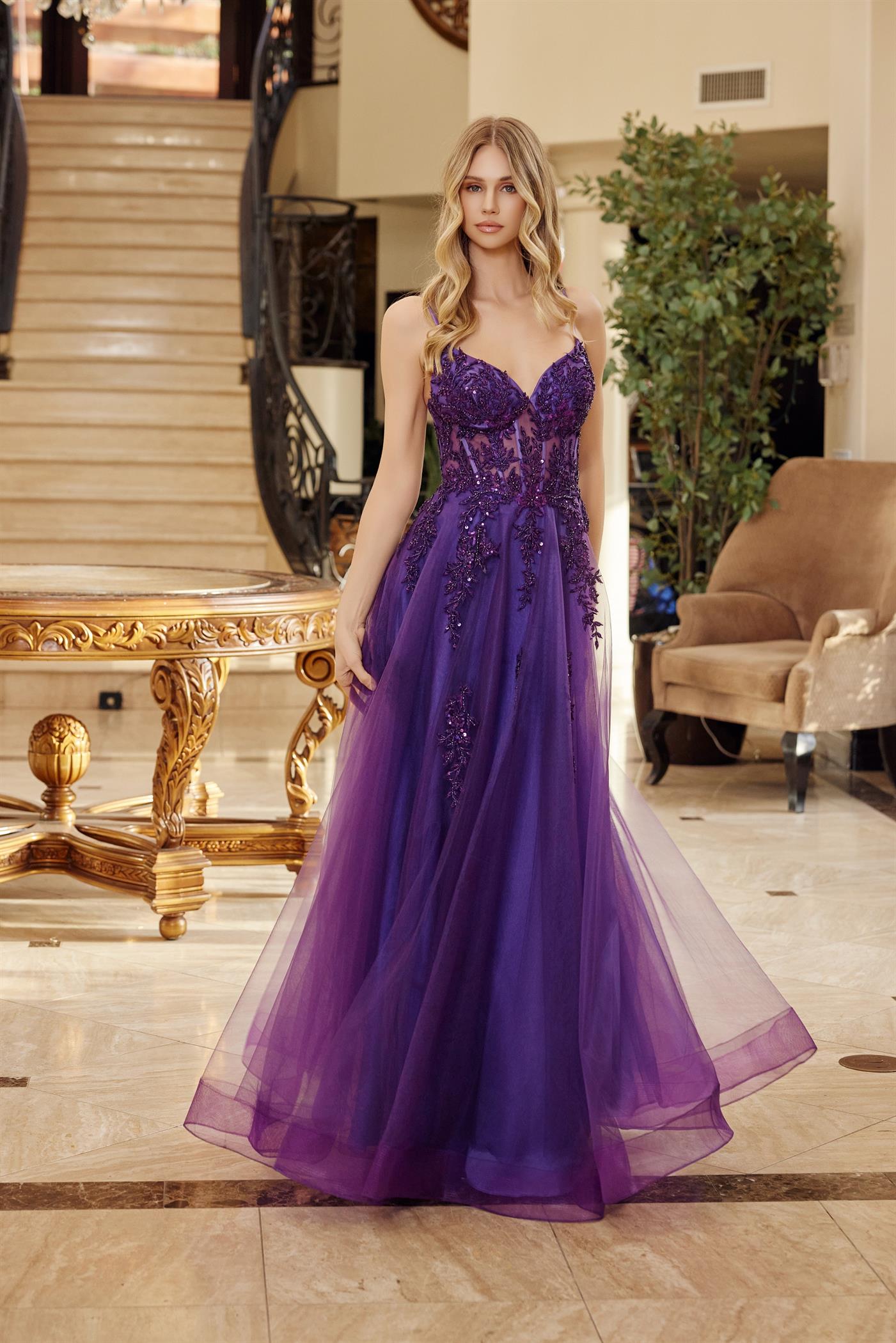 FIT AND FLARE LONG TULLE GOWN WITH A V NECKLINE THIN STRAPS