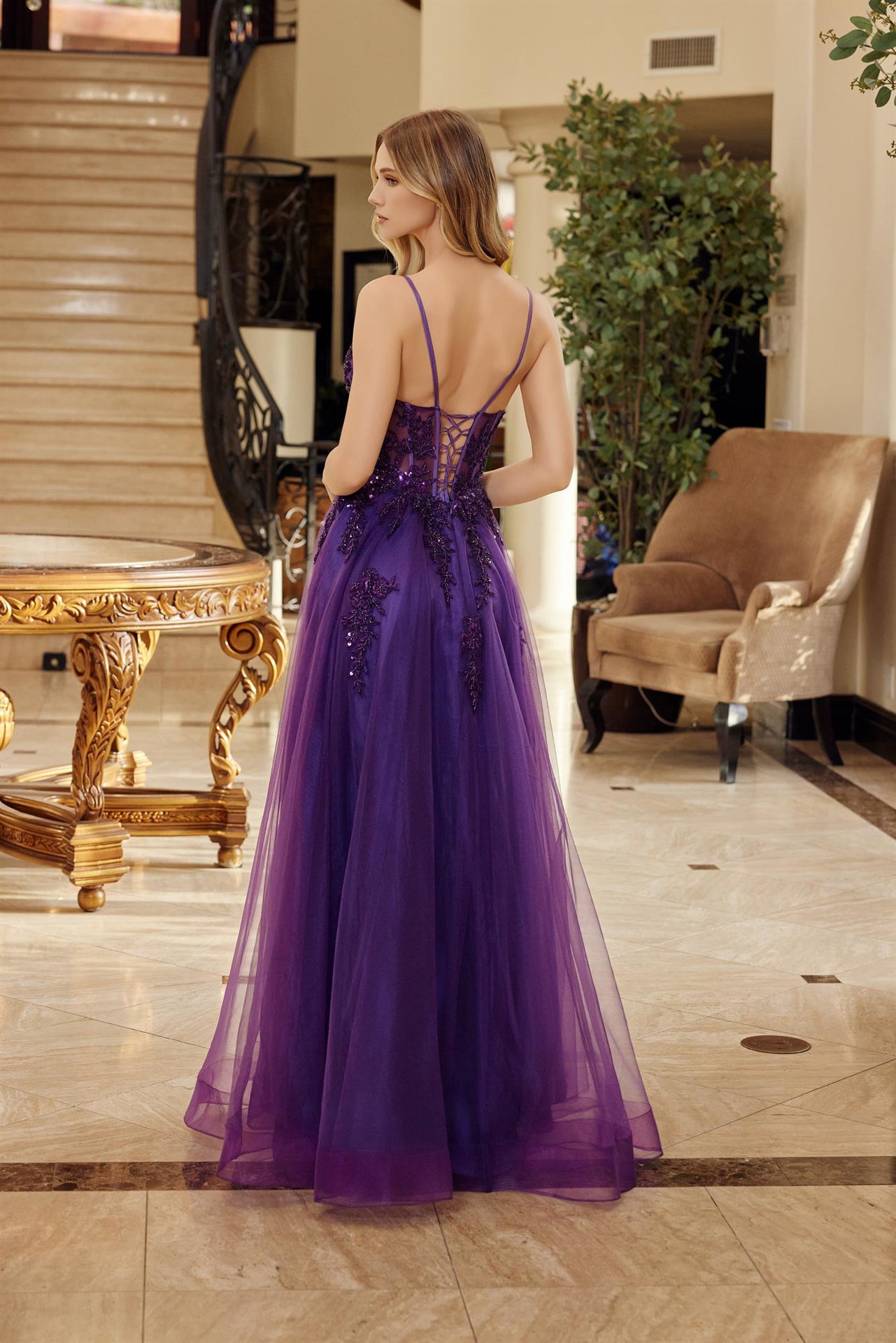 FIT AND FLARE LONG TULLE GOWN WITH A V NECKLINE THIN STRAPS