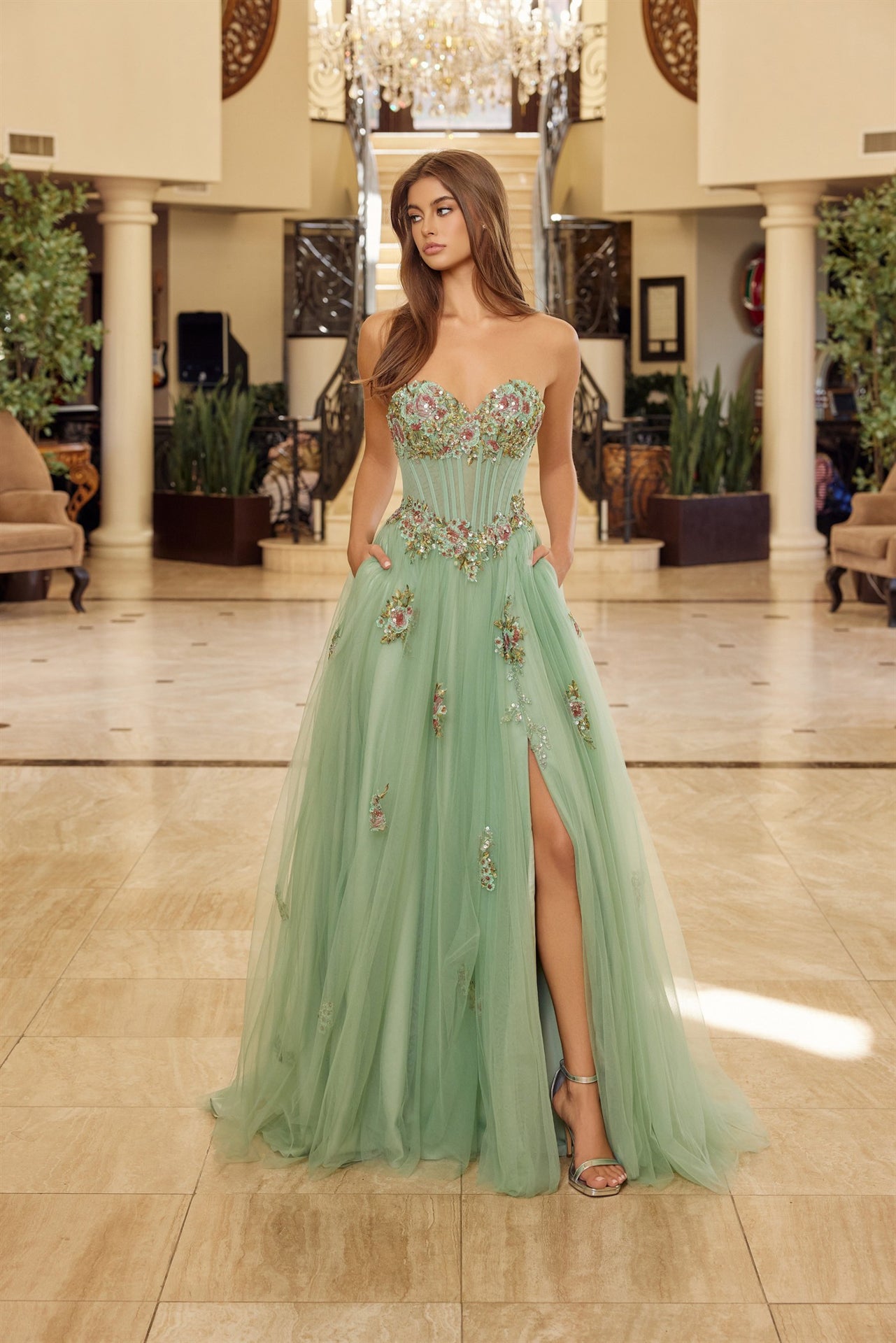 STRAPLESS TULLE BALL GOWN WITH FLORAL SEQUINED EMBROIDERY
