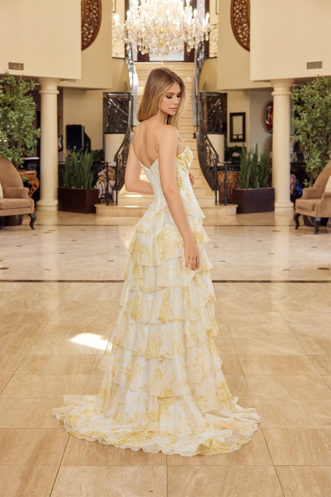 STRAPLESS RUFFLE A LINE GOWN WITH BEADED SWEETHEART NECKLINE
