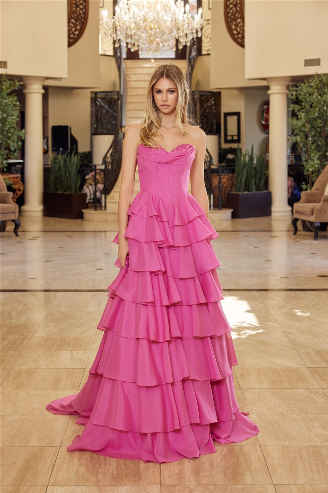 MULTILAYERED LONG BALL GOWN SEQUINED BUSTLINE