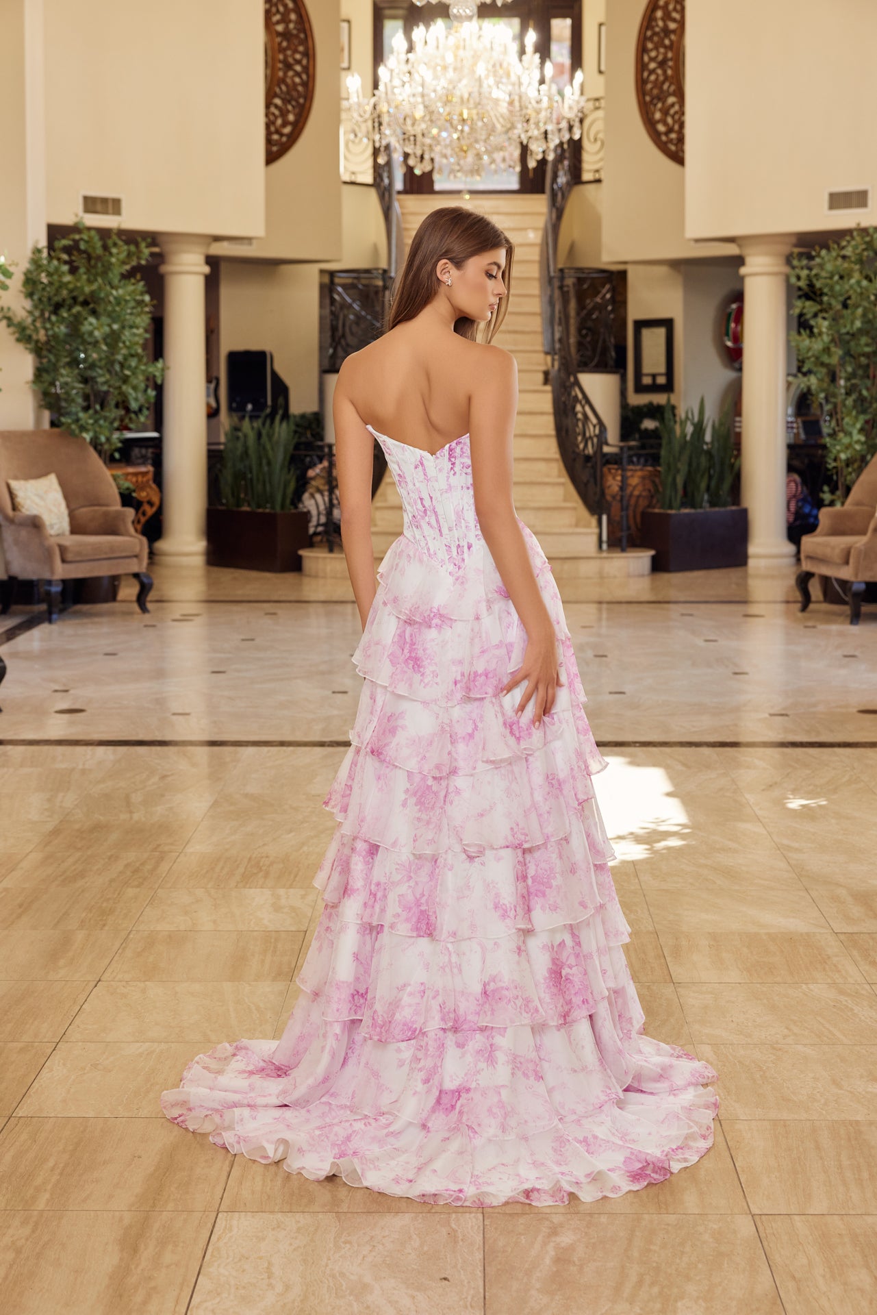 STRAPLESS RUFFLE A LINE GOWN WITH BEADED SWEETHEART NECKLINE