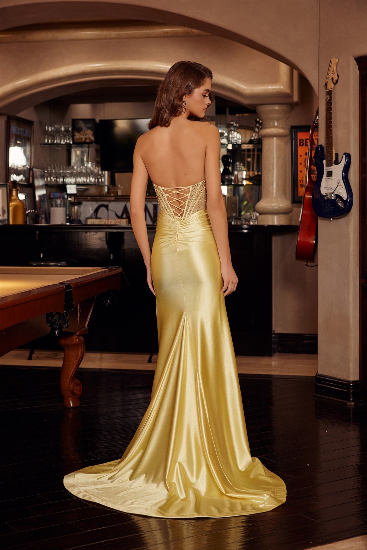 EMBELLISHED ILLUSION BODICE WITH LACE UP BACK AND THIGH SLIT