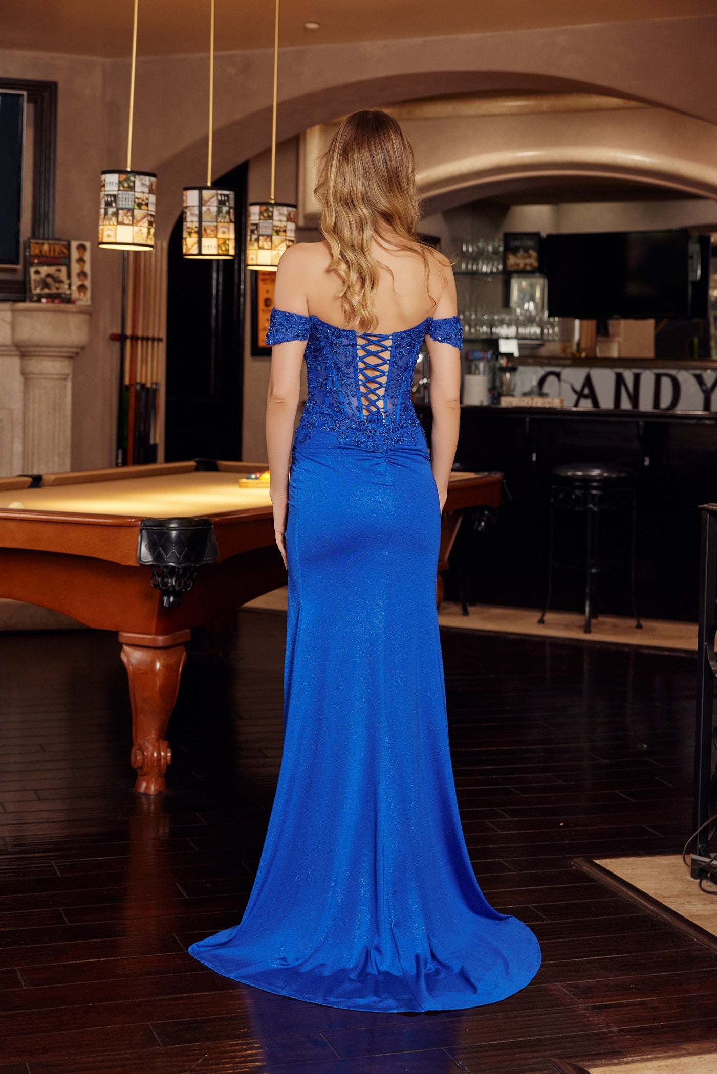 OFF SHOULDER STRAP STRETCH GLITTER SATIN SWEETHEART BUSTLINE