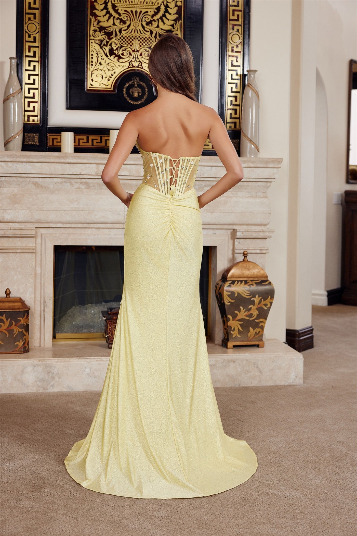 FULLY BEADED BODICE SEMI SWEETHEART BUST LINE HIGH SLIT