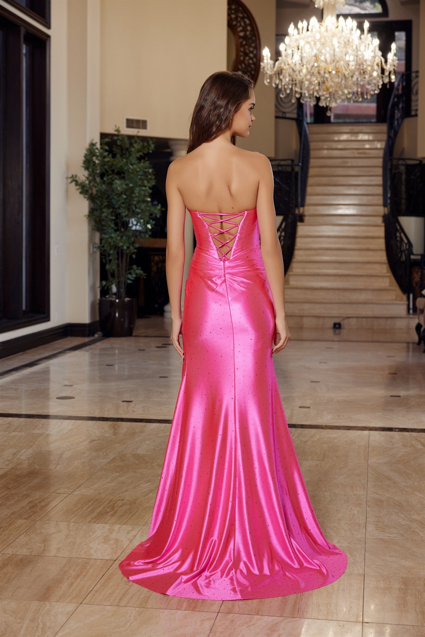 SEMI SWEETHEART STRAPLESS SHINY SATIN SILVER STONES BUSTLINE