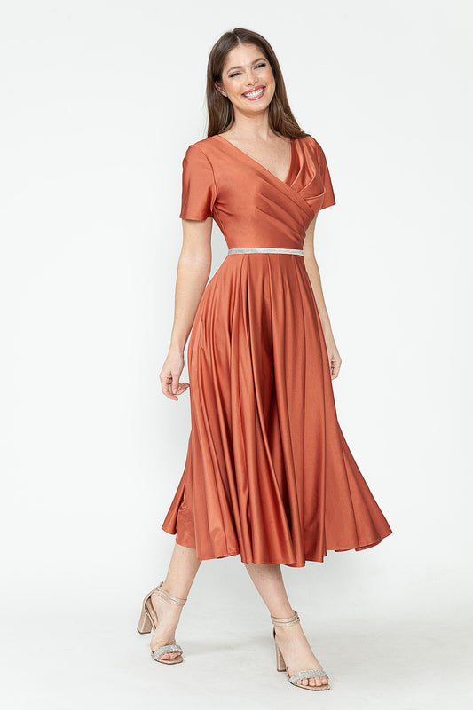 Embellished Belt Short Sleeve Pocketed Tea Length Dress
