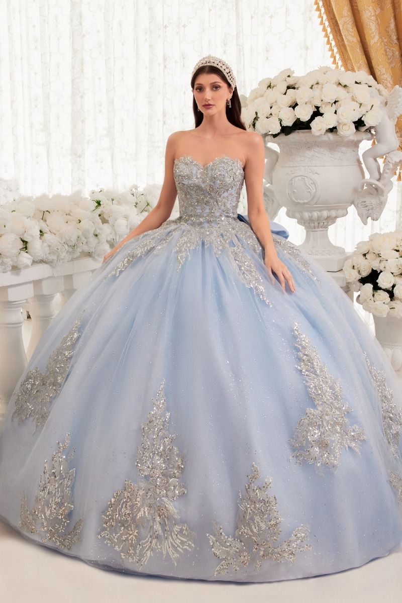 STRAPLESS LAYERED BALL GOWN WITH BOW DETAIL