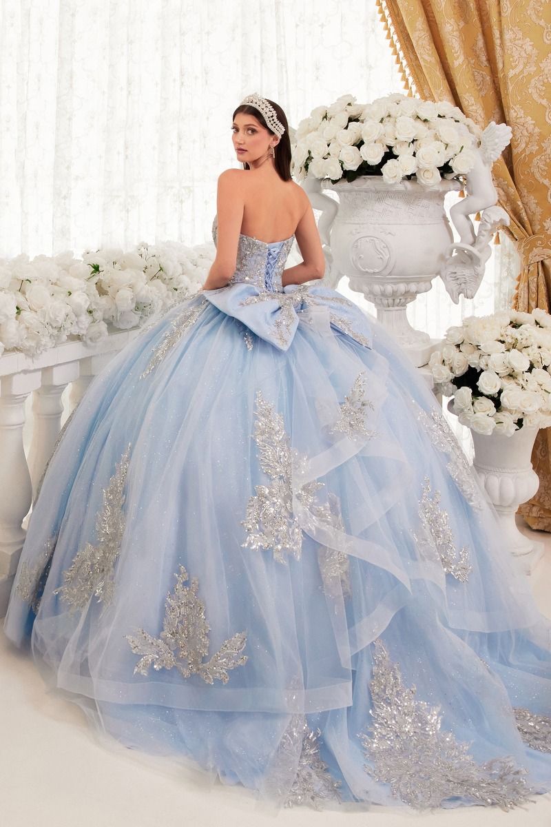 STRAPLESS LAYERED BALL GOWN WITH BOW DETAIL
