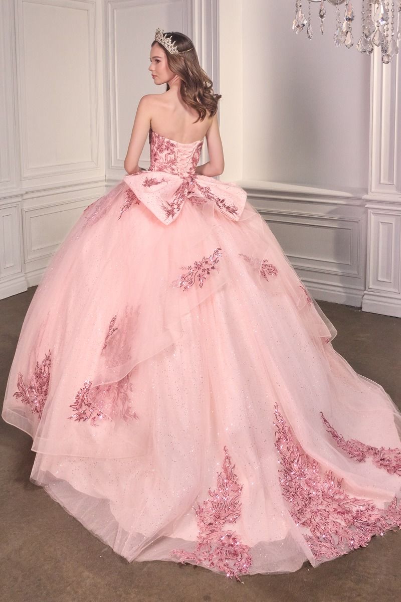 STRAPLESS LAYERED BALL GOWN WITH BOW DETAIL