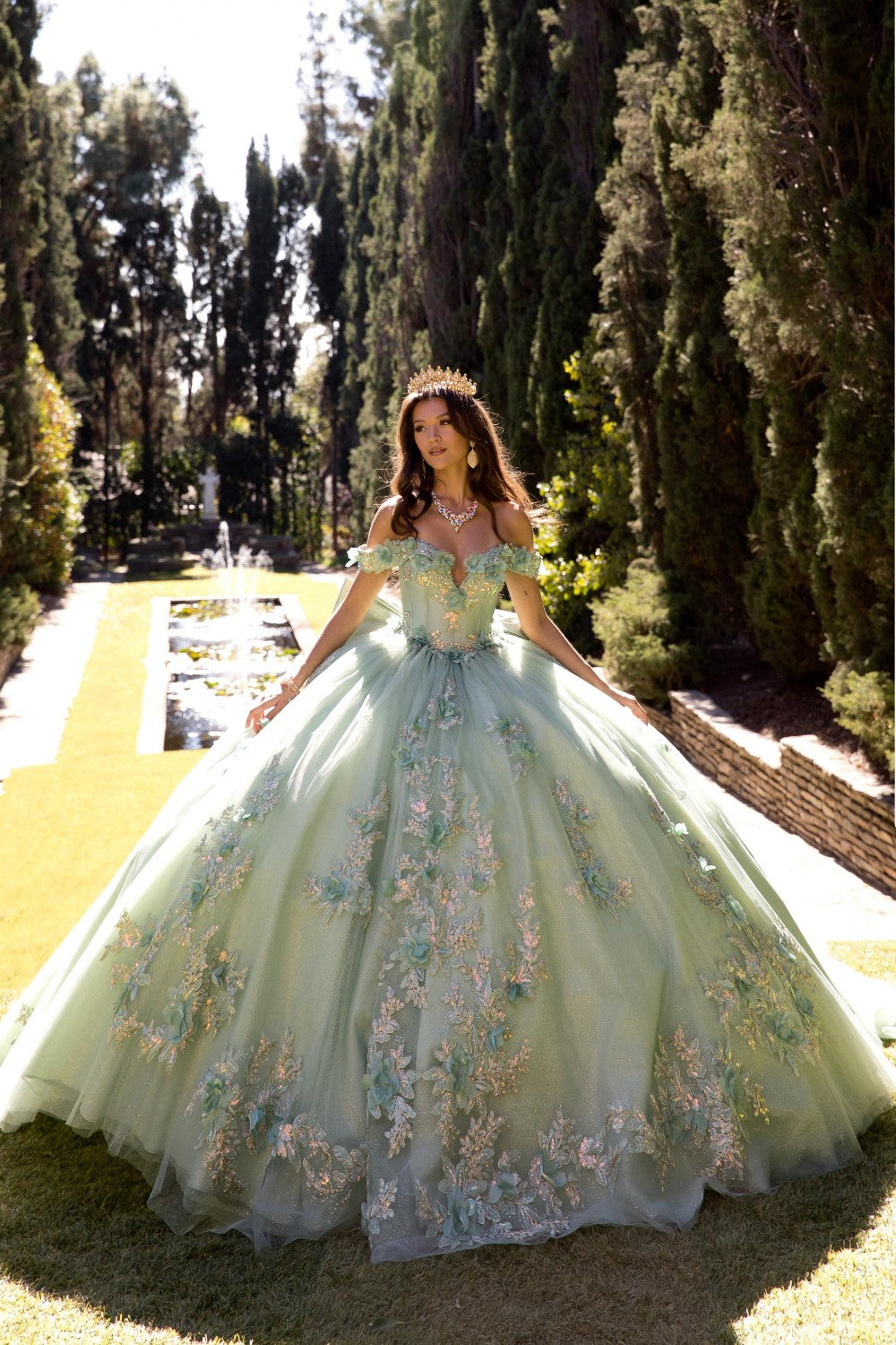Sage Green Long Train Quince Dress