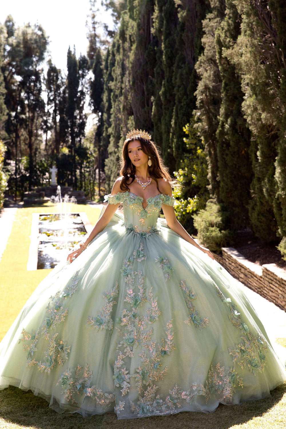 Sage Green Long Train Quince Dress