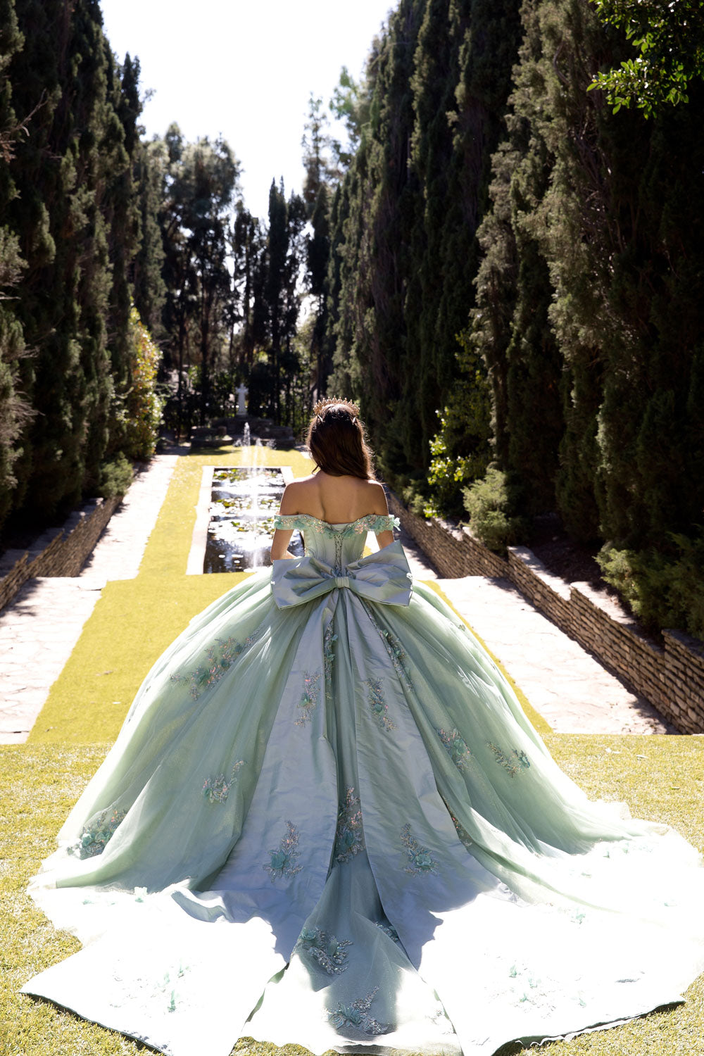 Sage Green Long Train Quince Dress