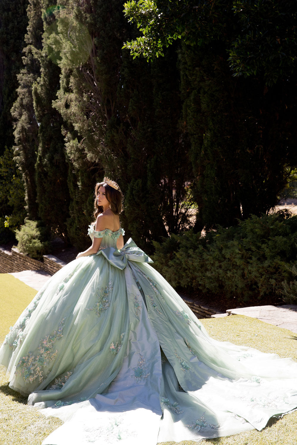 Sage Green Long Train Quince Dress