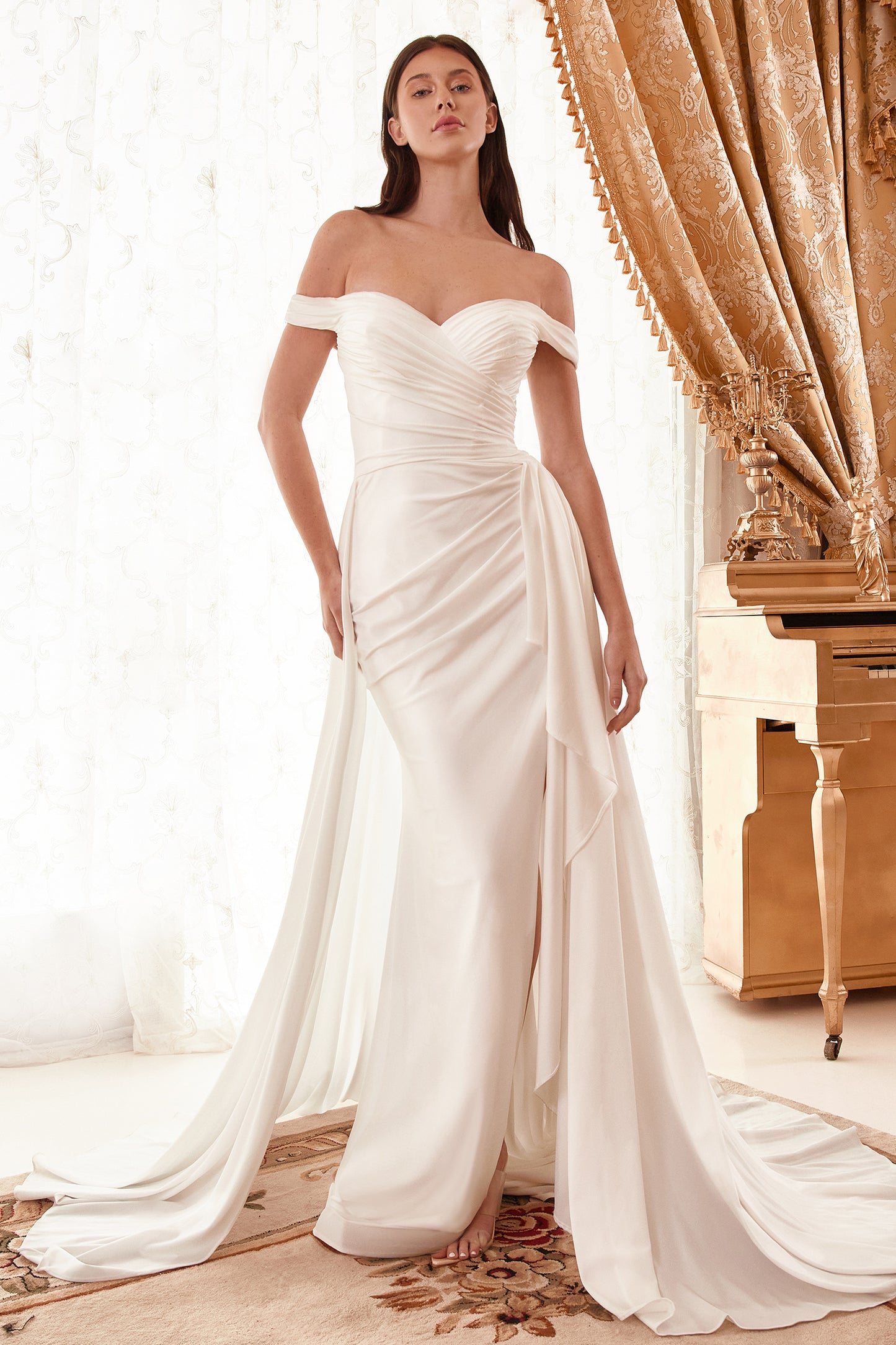 DRAPED OFF THE SHOULDER BRIDAL GOWN WITH OVERSKIRT