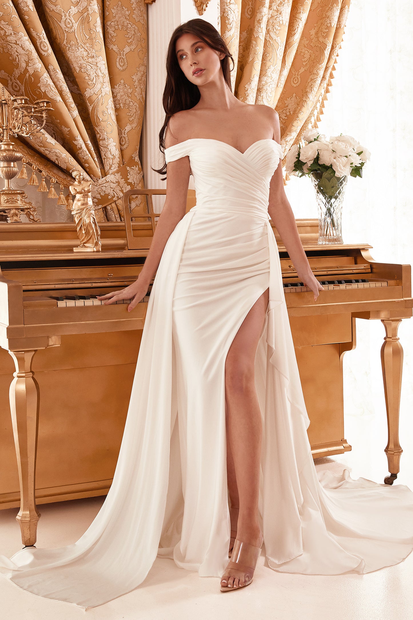 DRAPED OFF THE SHOULDER BRIDAL GOWN WITH OVERSKIRT