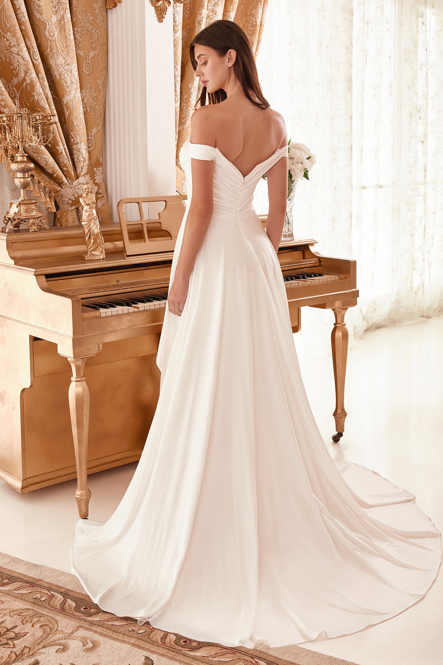 DRAPED OFF THE SHOULDER BRIDAL GOWN WITH OVERSKIRT