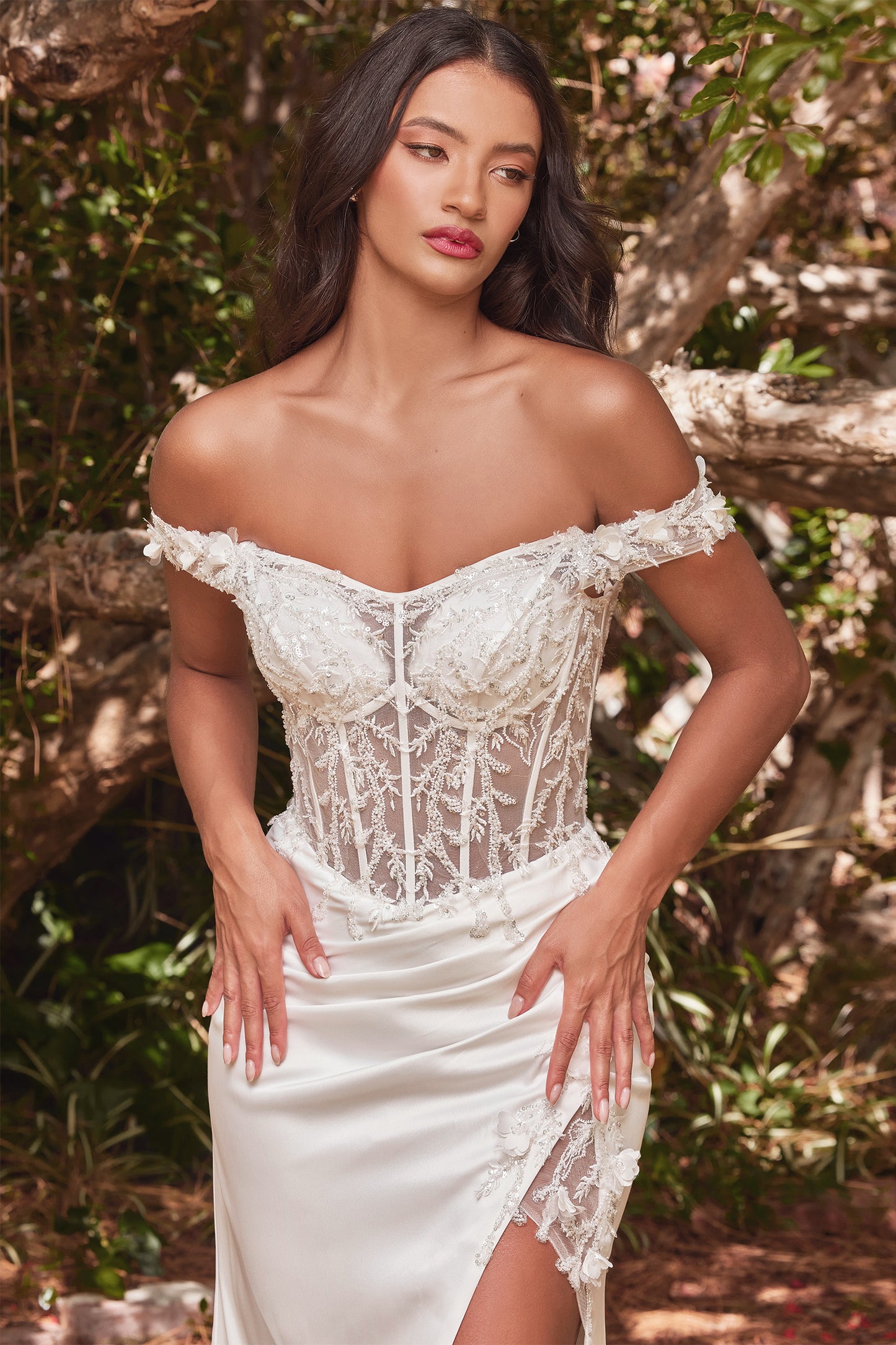 OFF THE SHOULDER LACE BODICE FITTED GOWN